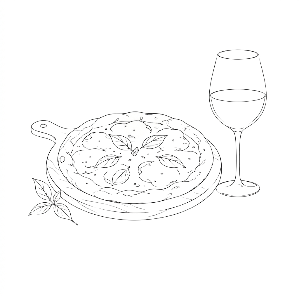 Pizza e calice di vino disegnati a linea continua